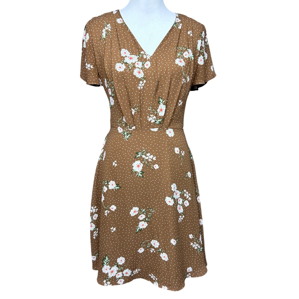 Ann Taylor Dress Womens 6 Brown Floral Polka Dot Fit Flare V-Neck Cottagecore
